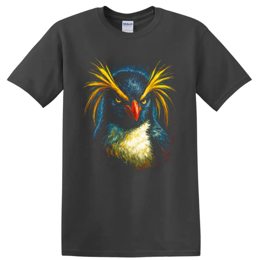 Colorful painterly macaroni penguin portrait with golden crest plumes on a Charcoal T Shirt