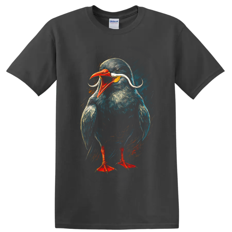 Dynamic painted Inca tern portrait with curled white plumes and red-orange beak on a Charcoal T Shirt