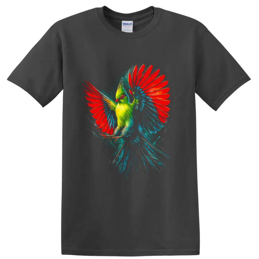 Painterly turaco in flight with vivid red wings, green crest, and teal-blue feathers on a Charcoal T Shirt