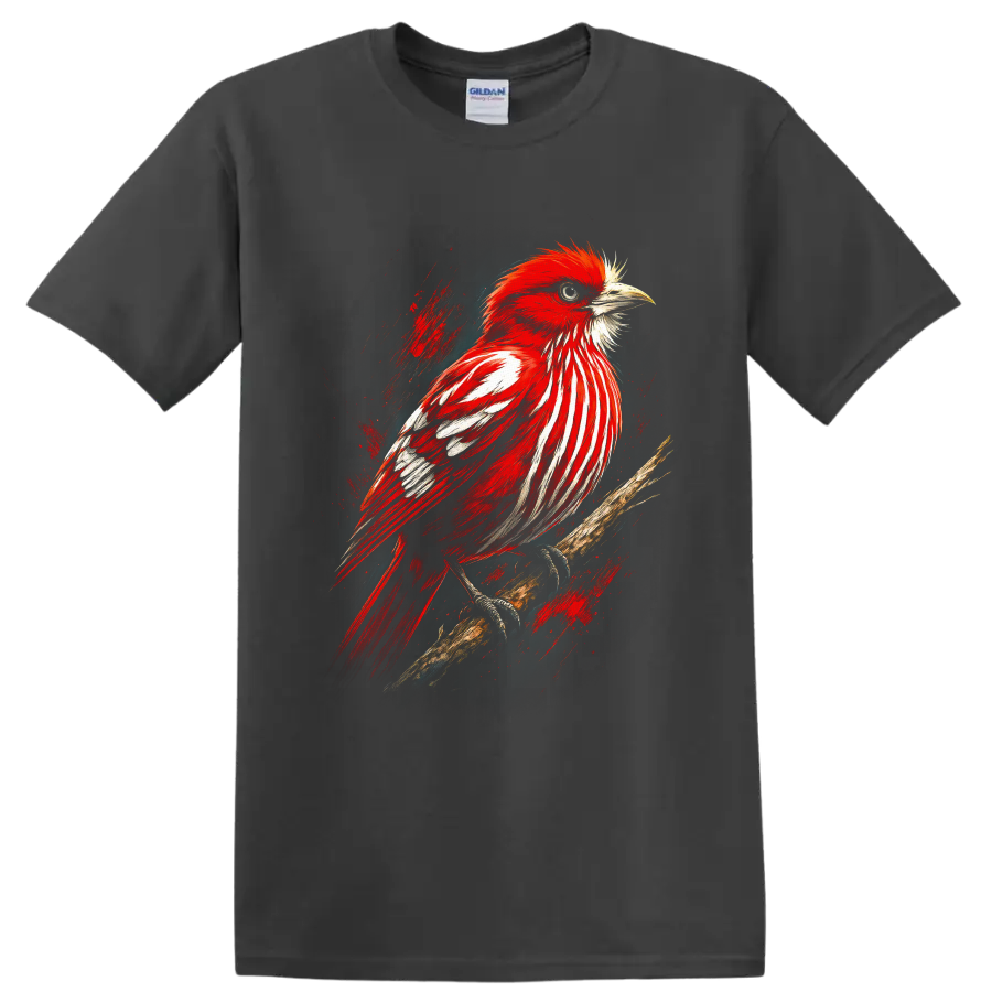 Red cardinal perched on a branch in dramatic painterly wildlife art on a Charcoal T Shirt