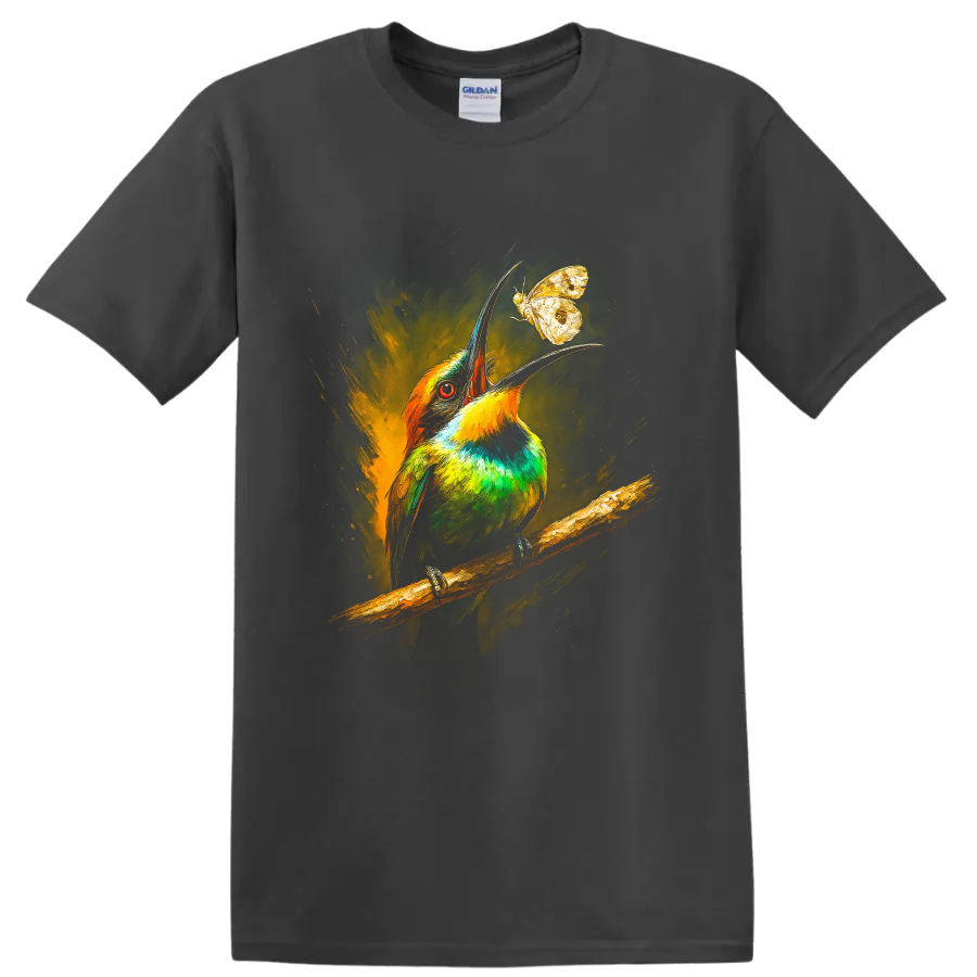 Colorful bee-eater bird reaching toward a butterfly in painterly wildlife art on a Charcoal T Shirt