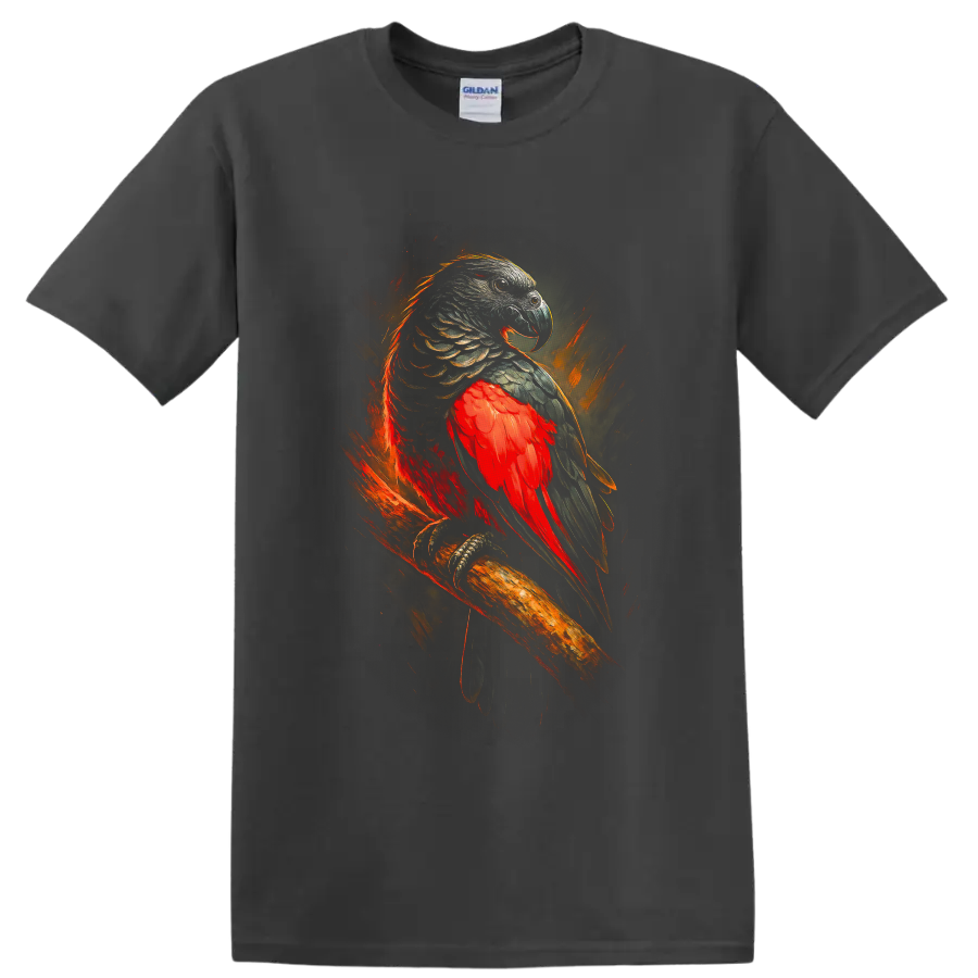 Dramatic Pesquet's parrot artwork with red plumage, dark feathers, and fiery brushstrokes on a Charcoal T Shirt