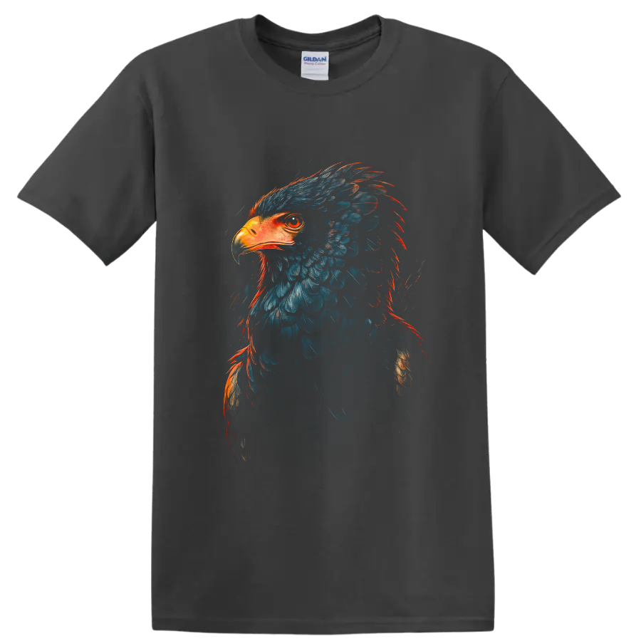 Bald eagle portrait in dramatic blue feathers with fiery orange painterly accents on a Charcoal T Shirt