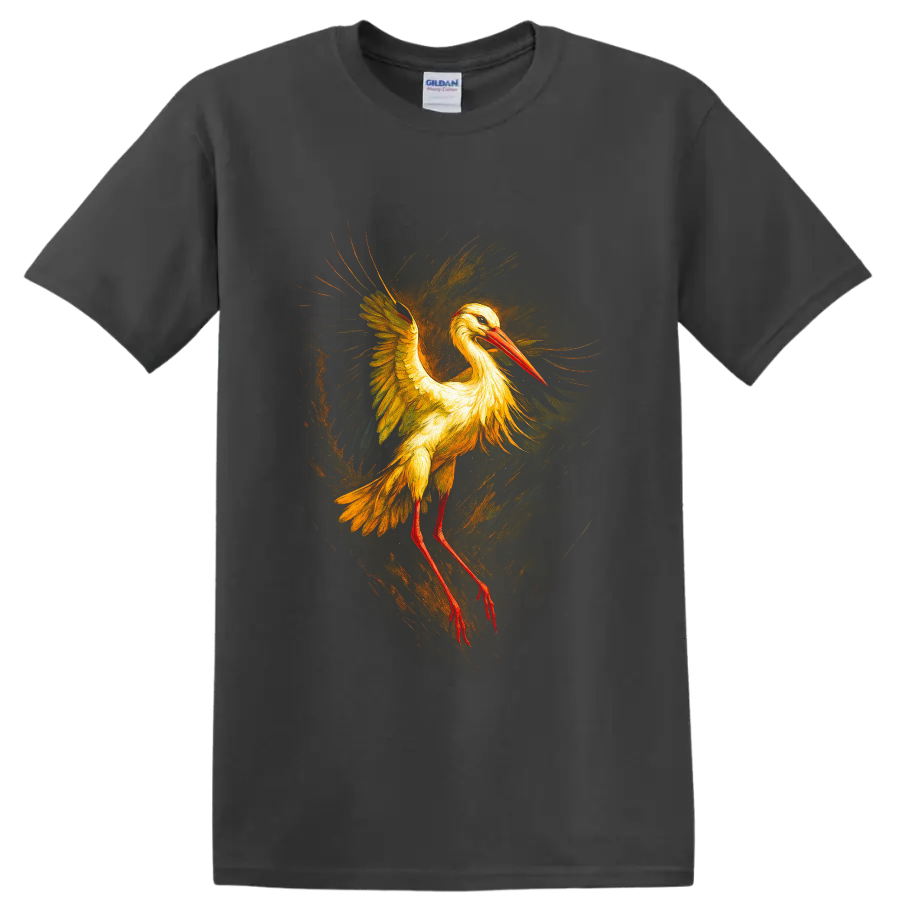 Painterly white stork in flight with golden wings, red bill, and swirling brushwork on a Charcoal T Shirt