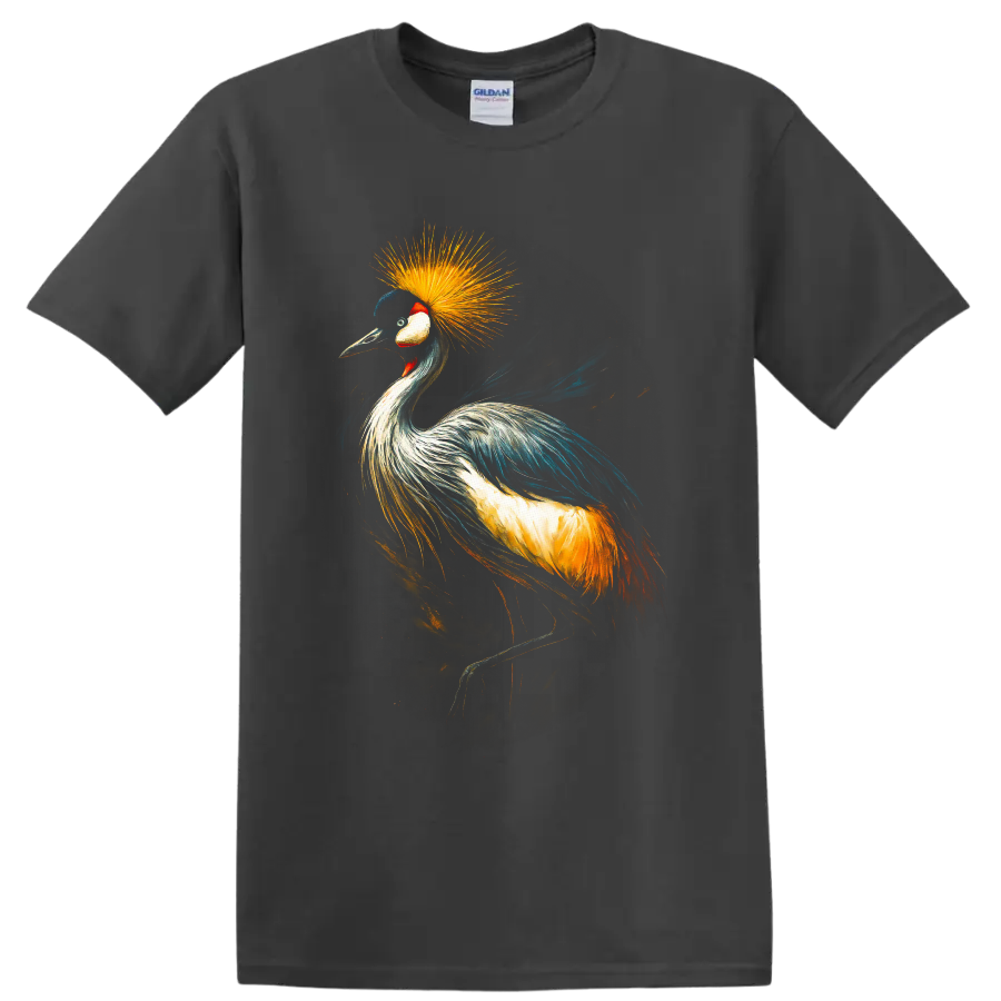 Painterly grey crowned crane portrait with a radiant golden feather crown on a Charcoal T Shirt