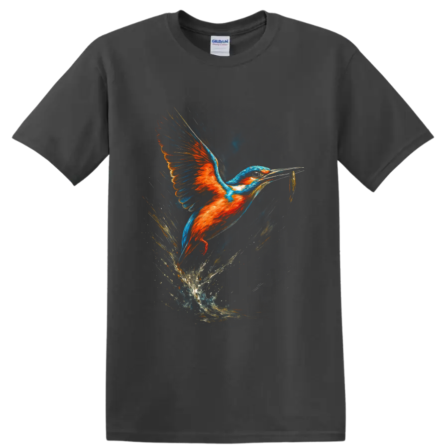Colorful painterly kingfisher flying with a fish above a dramatic water splash on a Charcoal T Shirt