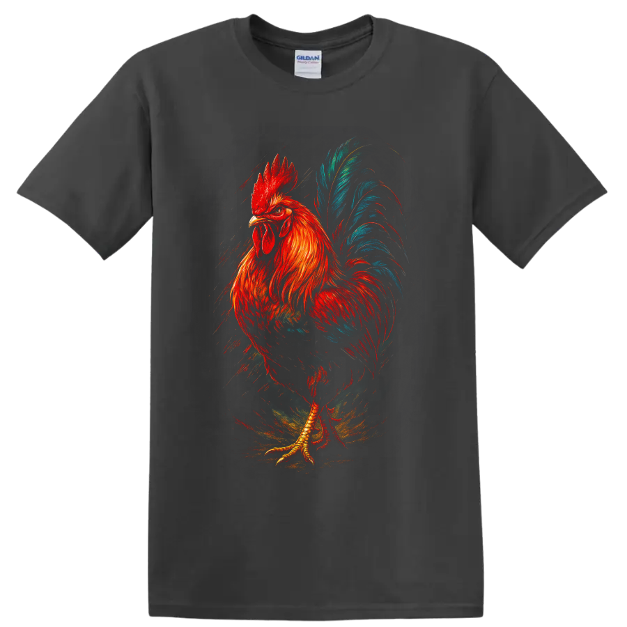 Modern painted rooster with red-orange feathers and sweeping teal-blue tail on a Charcoal T Shirt