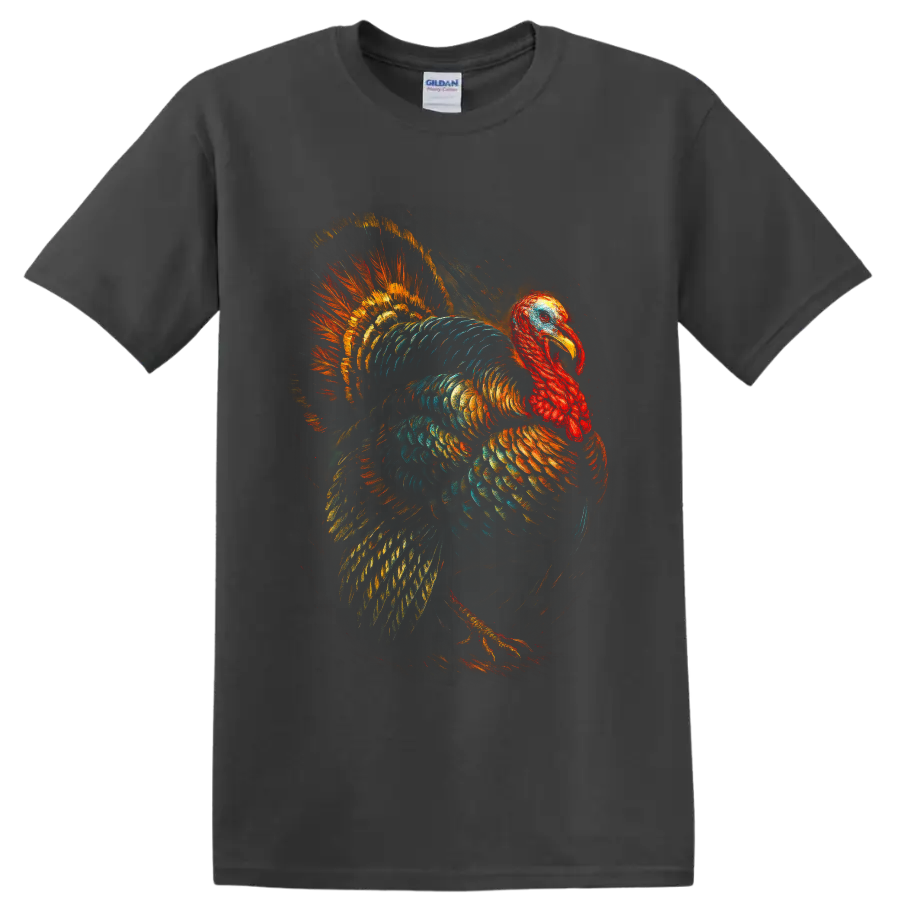 Colorful painterly turkey with fanned tail feathers and glowing orange teal plumage on a Charcoal T Shirt