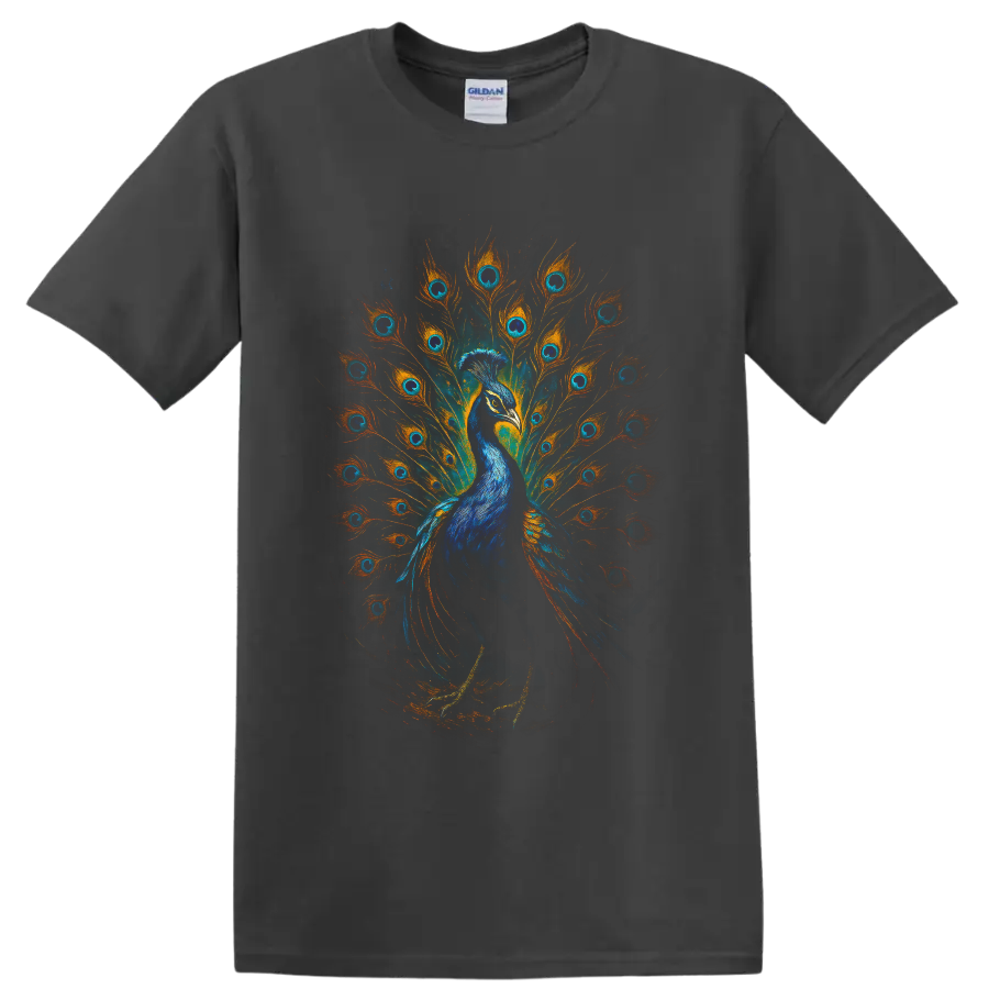 Vibrant blue peacock with orange and teal feather fan wildlife art on a Charcoal T Shirt