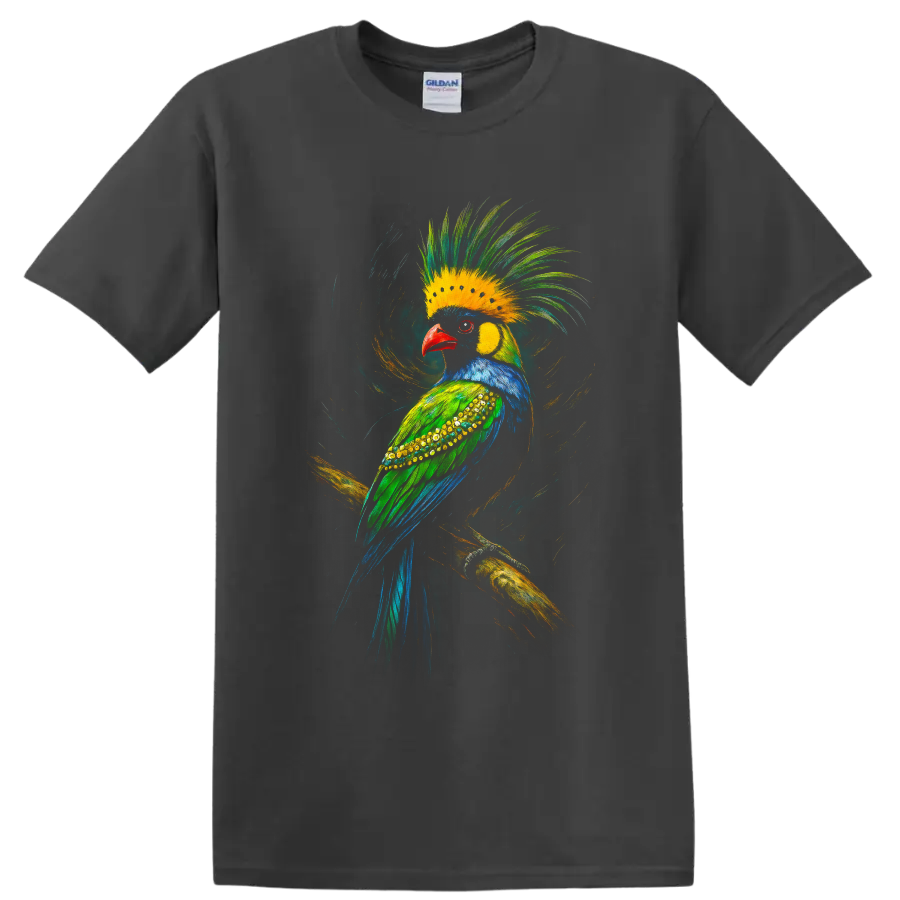 Colorful crested tropical bird in dynamic painted wildlife art perched on a branch on a Charcoal T Shirt