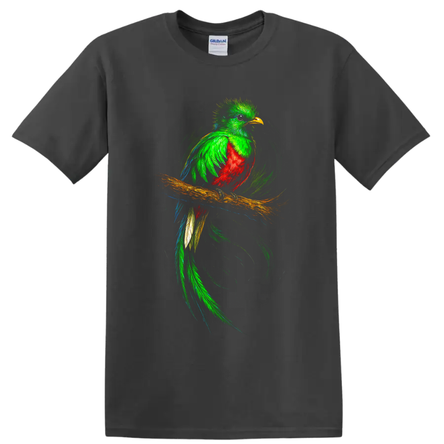 Vibrant quetzal perched on a branch with flowing tail and swirling brushstroke art on a Charcoal T Shirt