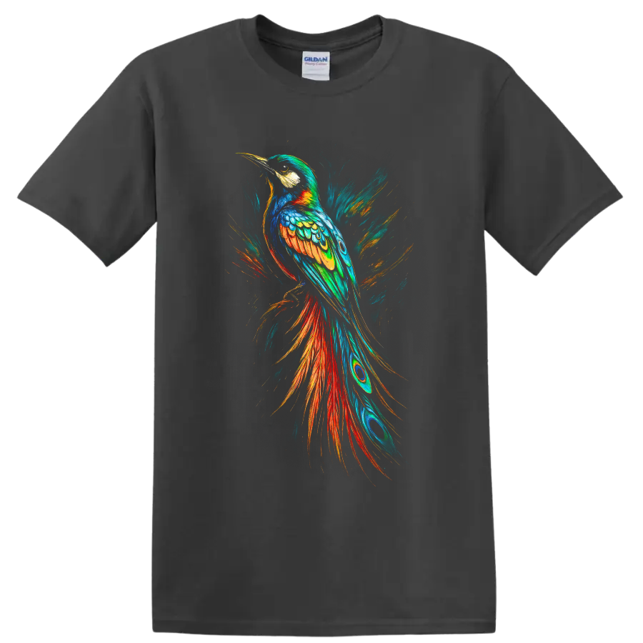 Colorful hornbill in dynamic painterly tropical bird art with flowing feathered tail on a Charcoal T Shirt