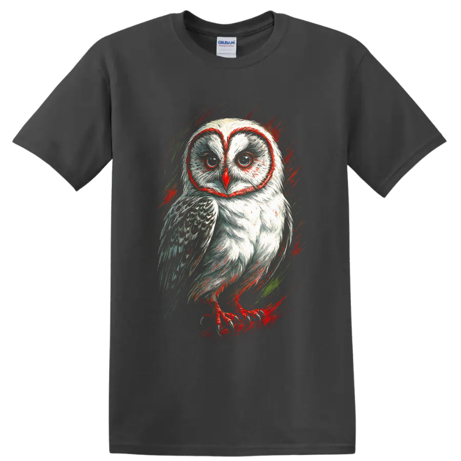 Stylized barn owl portrait in dynamic red and green sketch art on a Charcoal T Shirt