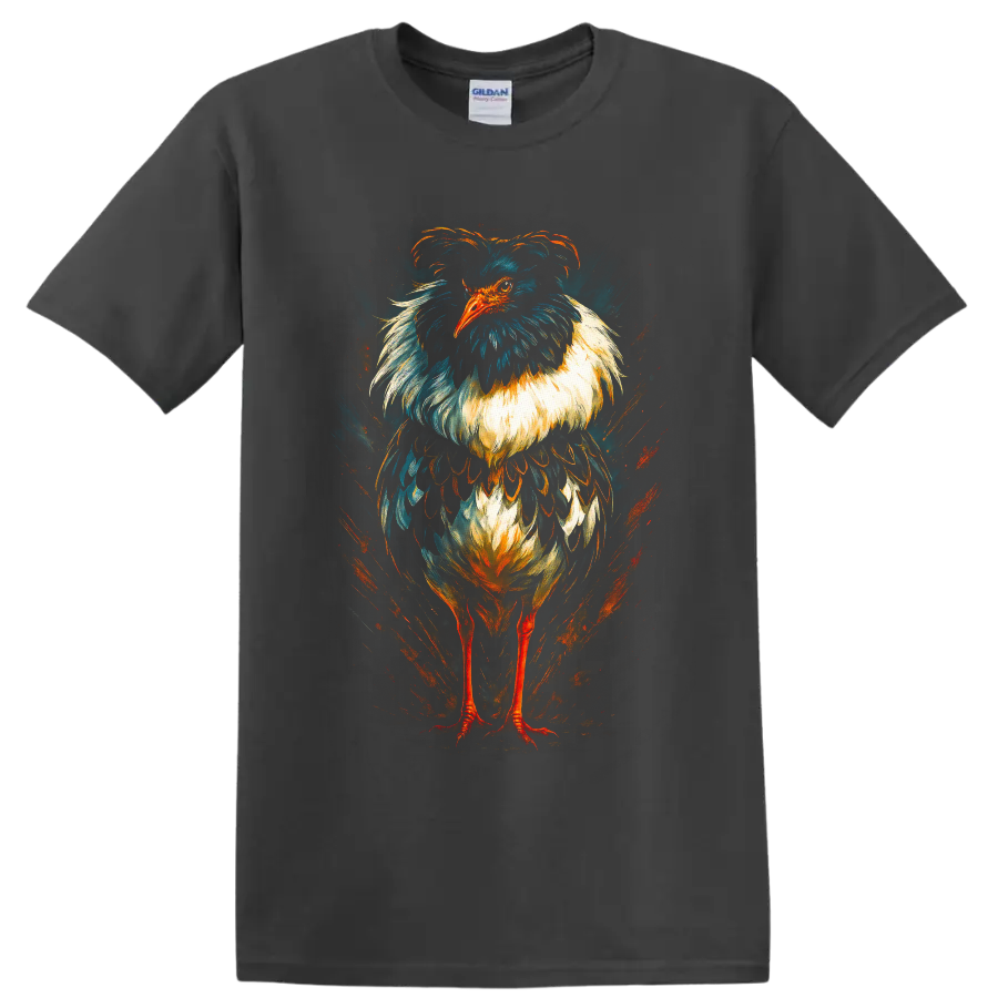 Dramatic painterly secretary bird portrait with teal, cream, and orange feather details on a Charcoal T Shirt