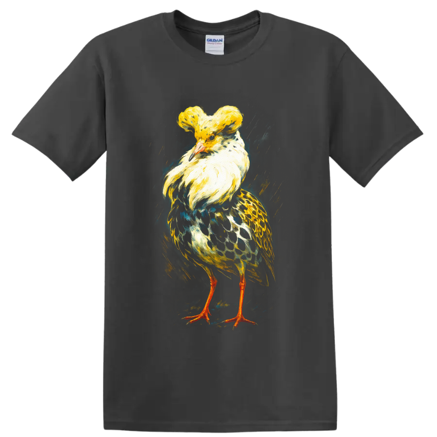 Crested pigeon in colorful realistic painterly wildlife art with a golden crest on a Charcoal T Shirt