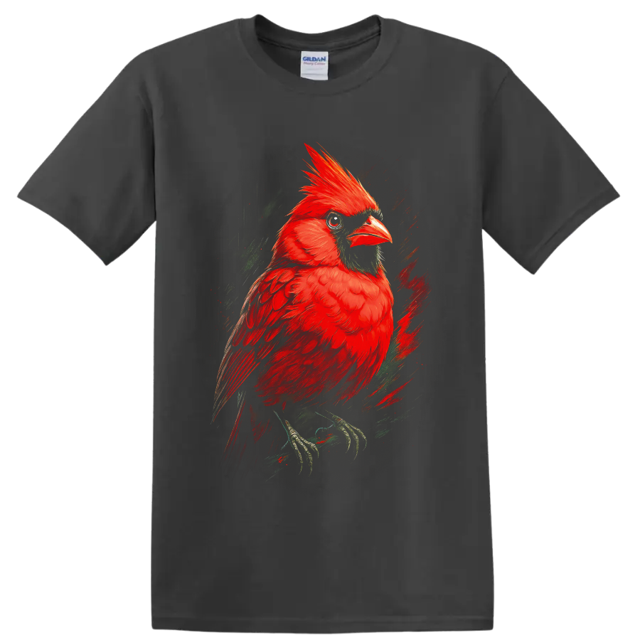 Vibrant red cardinal portrait in painterly brush-stroke wildlife art on a Charcoal T Shirt