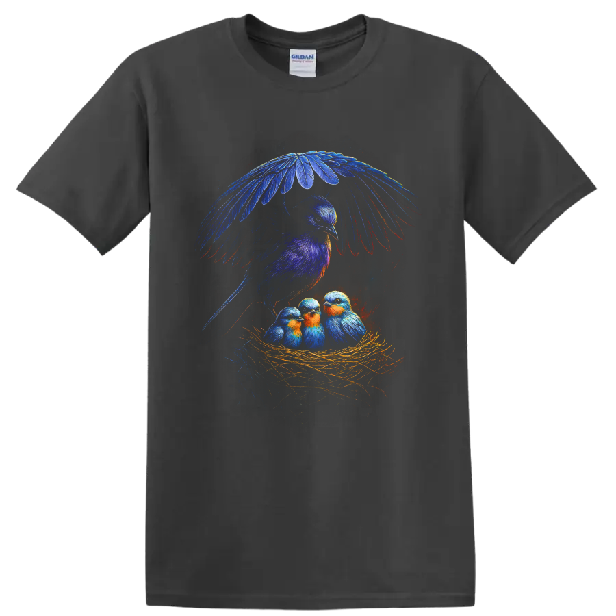 Colorful bluebird parent sheltering three nestlings in a straw nest wildlife illustration on a Charcoal T Shirt