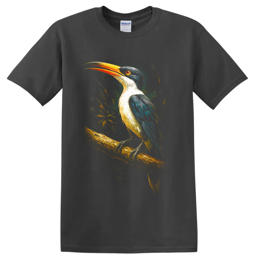 Colorful painterly kingfisher perched on a branch with an orange bill on a Charcoal T Shirt
