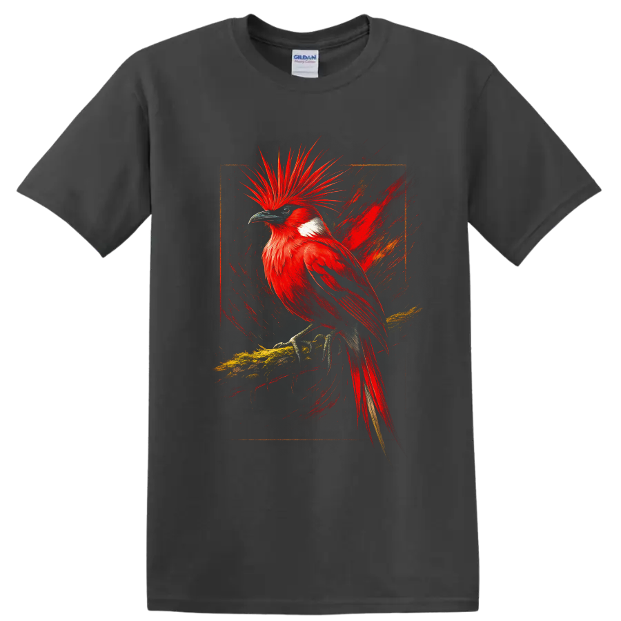 Red-crested cardinal in vivid painterly tropical wildlife art on a branch on a Charcoal T Shirt