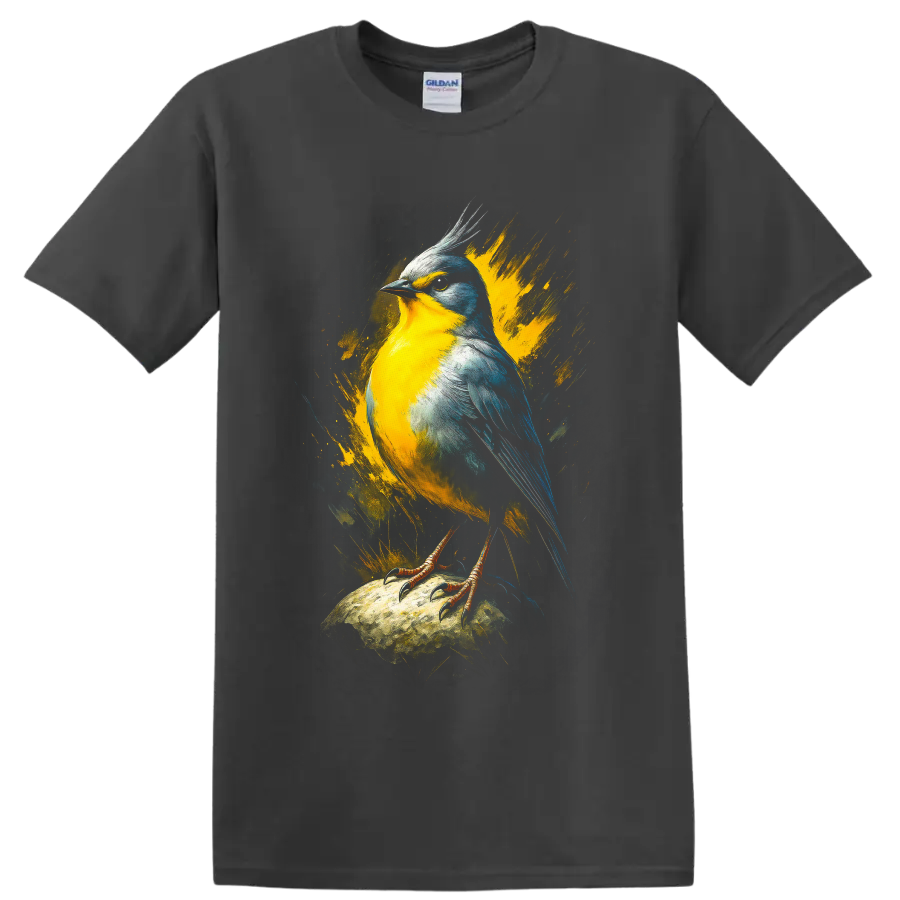 Colorful crested songbird in yellow and blue paint-splash wildlife art on a Charcoal T Shirt