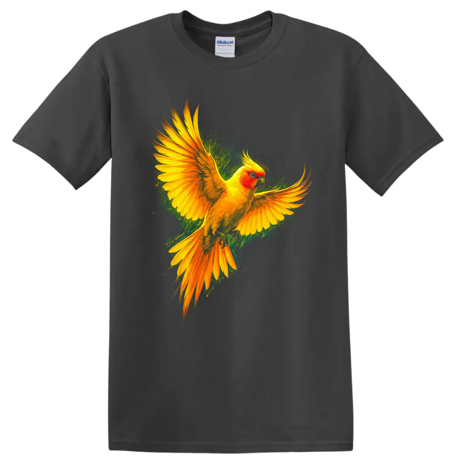 Sun conure parrot in flight with vivid tropical wildlife art on a Charcoal T Shirt