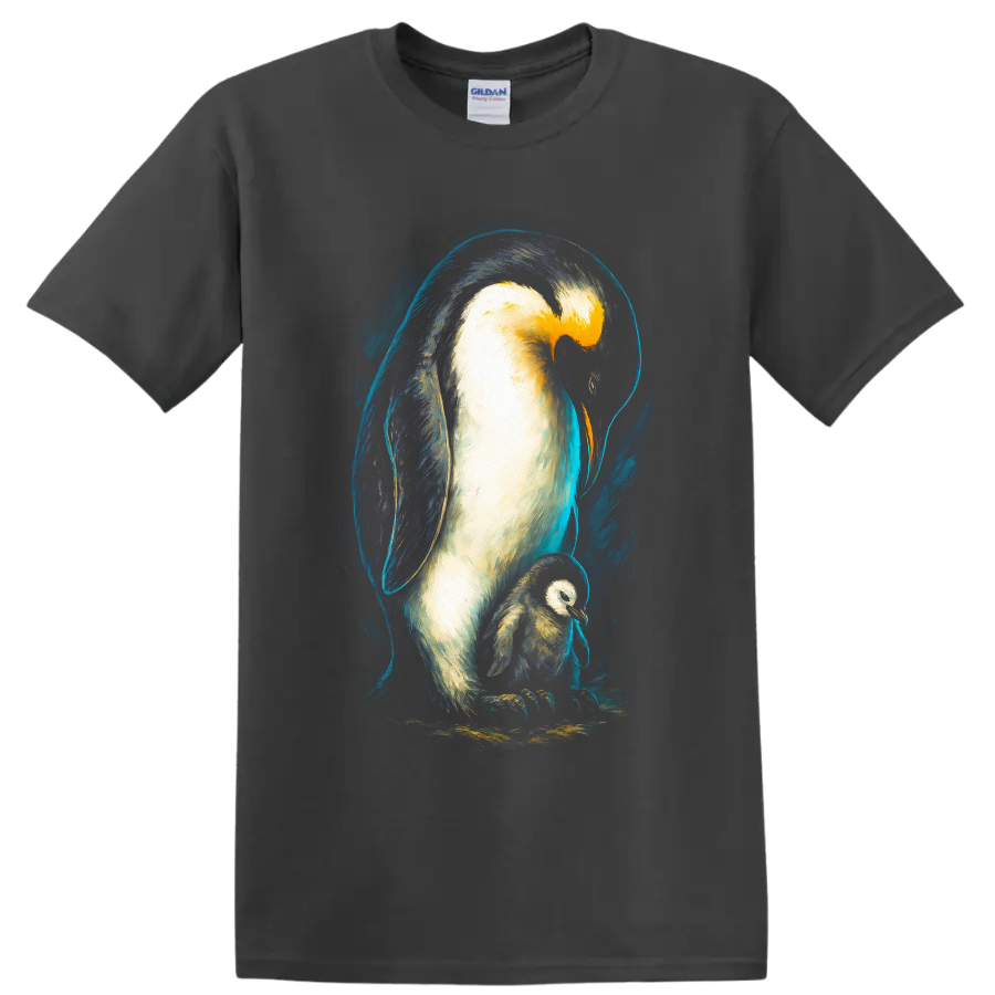 Painterly emperor penguin parent and chick in dramatic blue Antarctic brushstrokes on a Charcoal T Shirt