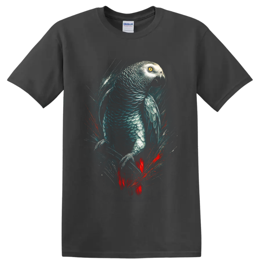 Realistic African grey parrot artwork with teal feathers, golden eye, and red tail on a Charcoal T Shirt