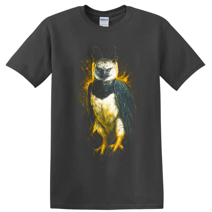 Harpy eagle with raised crest in dramatic golden splash wildlife art on a Charcoal T Shirt