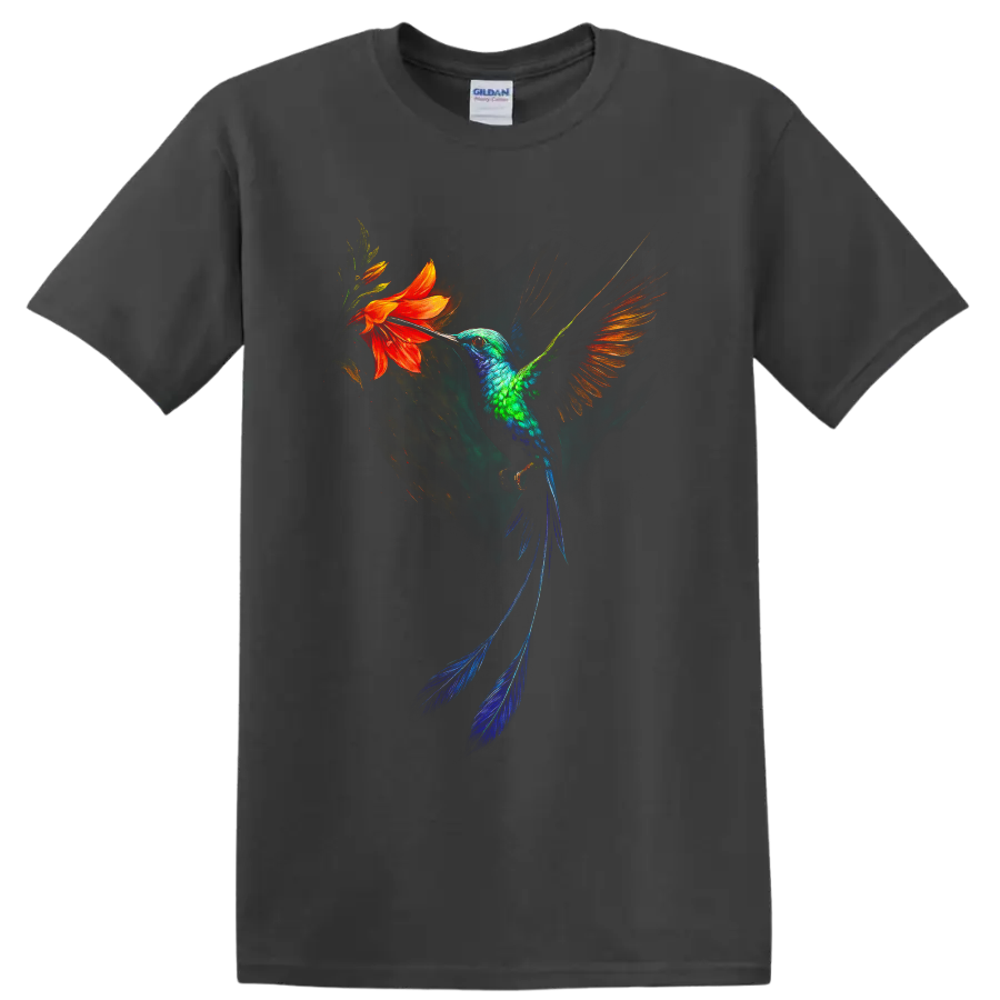 Vibrant painterly hummingbird hovering beside an orange flower on a Charcoal T Shirt
