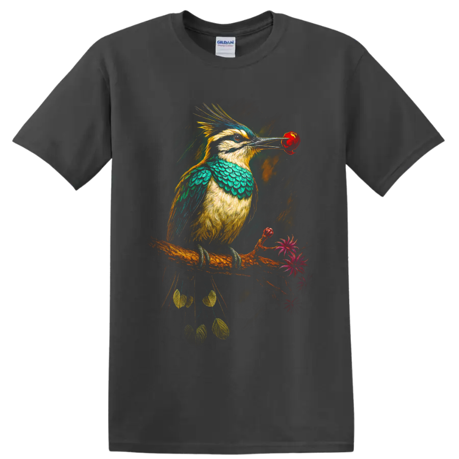 Vibrant modern kookaburra holding a red rose on a flowering branch on a Charcoal T Shirt