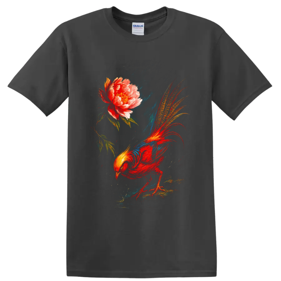 Painterly golden pheasant with long patterned tail beside a blooming peony on a Charcoal T Shirt