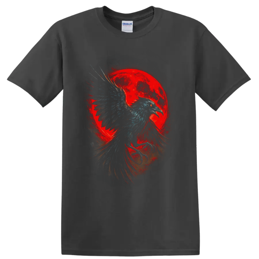 Gothic raven in flight before a glowing red moon with smoky painterly shadows on a Charcoal T Shirt
