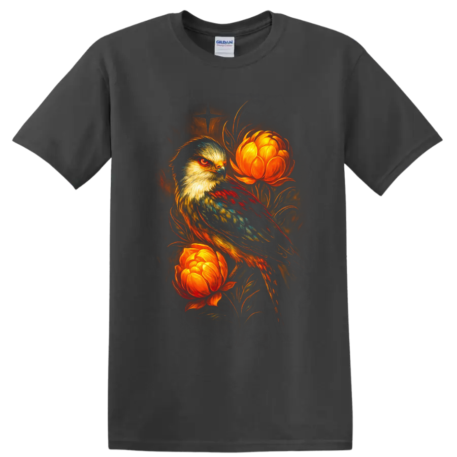 Stylized falcon with glowing orange flowers in dramatic painterly wildlife art on a Charcoal T Shirt