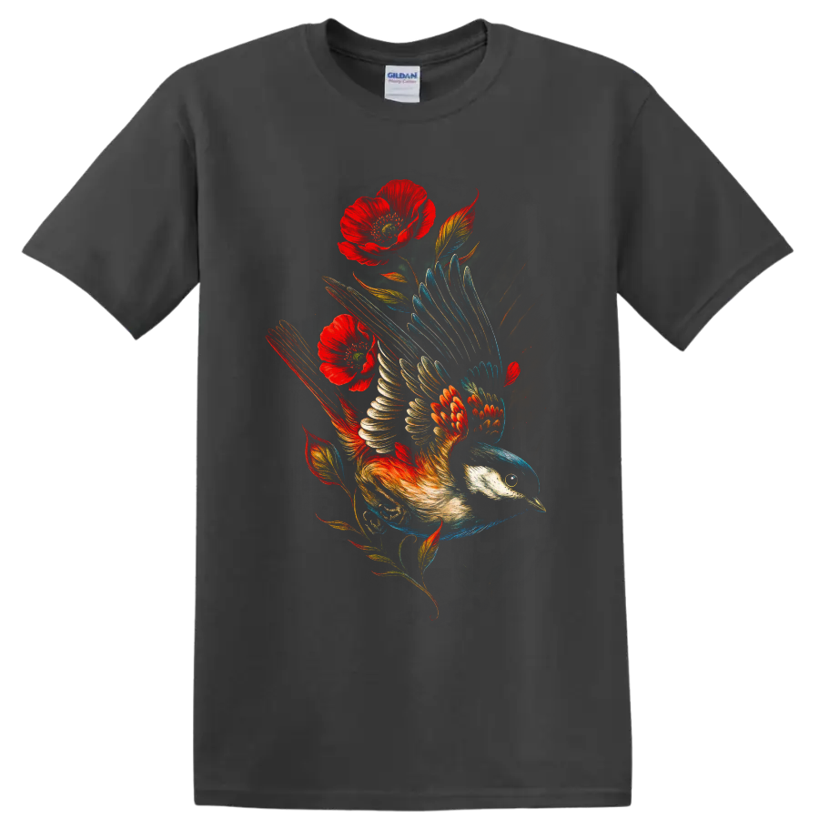 Black-capped chickadee in flight with red poppies in vivid painterly wildlife art on a Charcoal T Shirt