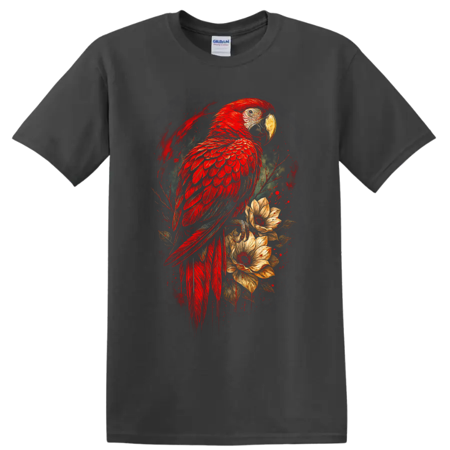 Scarlet macaw parrot with tropical flowers in vivid painterly bird art on a Charcoal T Shirt