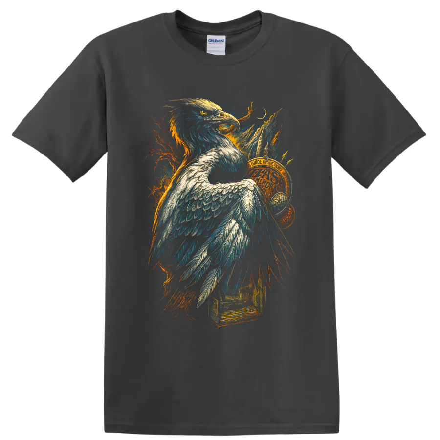 Bald eagle fantasy illustration with mountains, crescent moon, branches, and vintage book on a Charcoal T Shirt