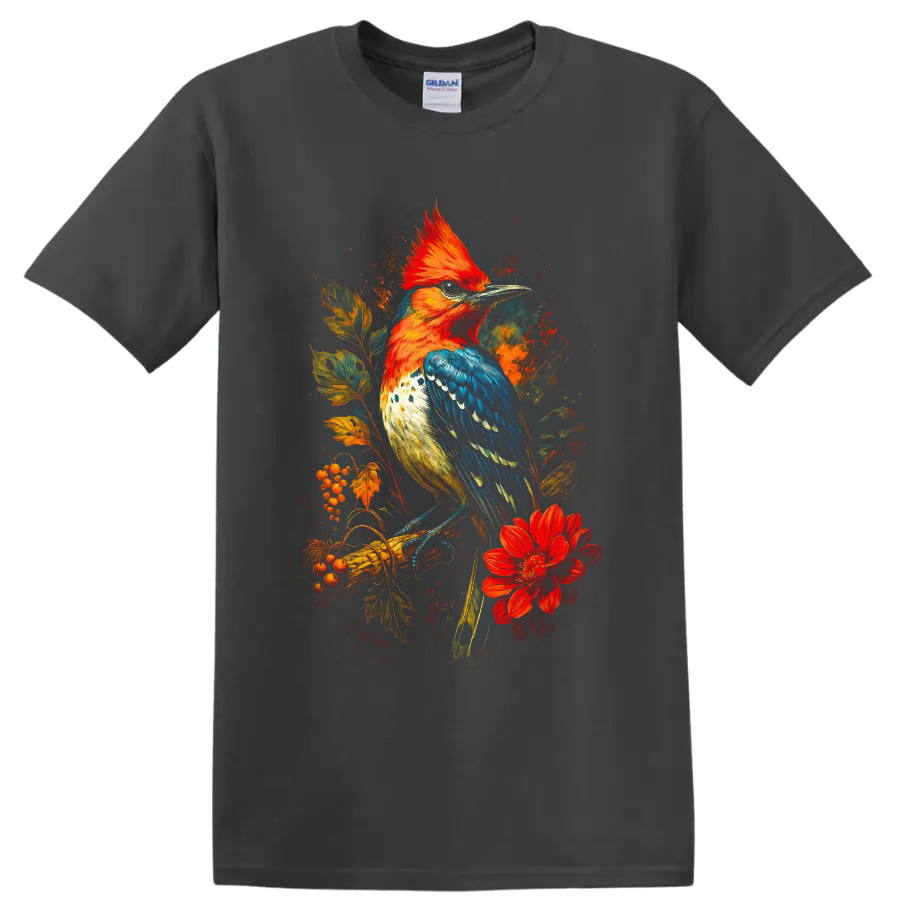 Crested woodpecker with autumn leaves, berries, and red flower in painterly art on a Charcoal T Shirt