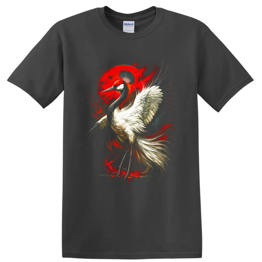 Red-crowned crane with sweeping wings before a crimson moon in gothic bird art on a Charcoal T Shirt