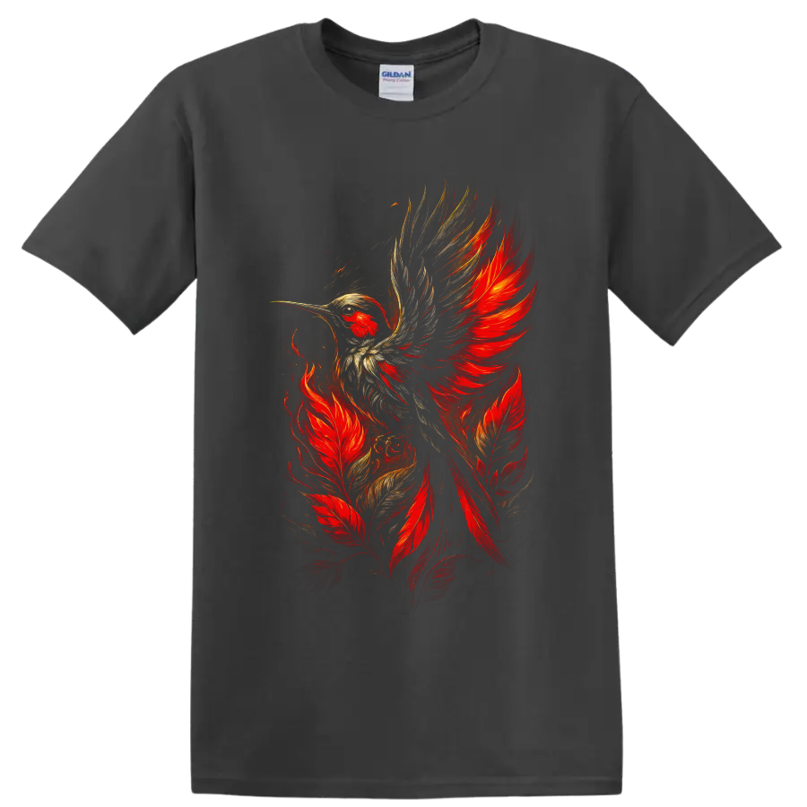 Fiery hummingbird in flight with red feathers and painterly gold wing details on a Charcoal T Shirt