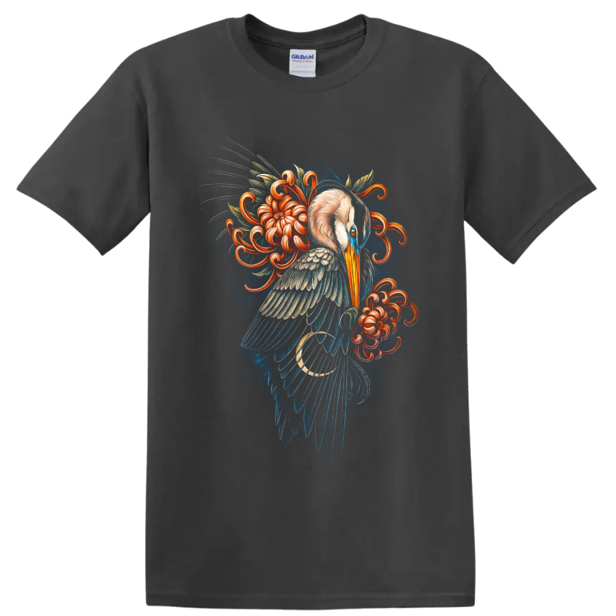 Japanese-inspired heron illustration with blue feathers and curling orange flowers on a Charcoal T Shirt