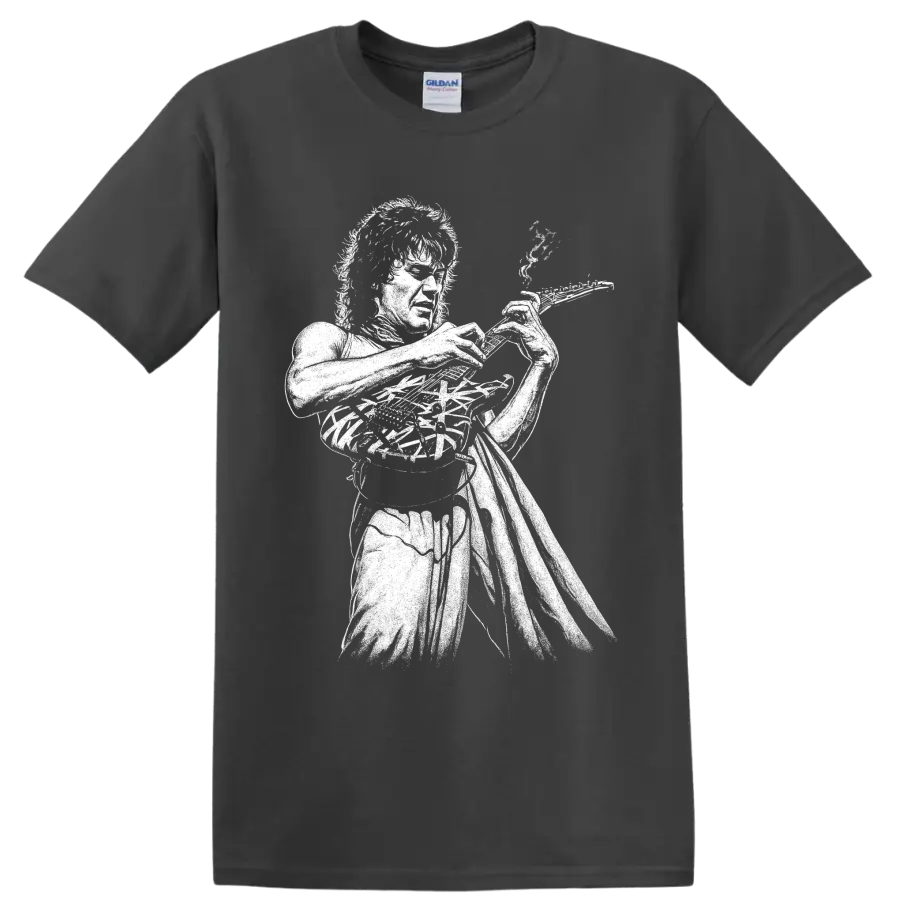 High-contrast Eddie Van Halen guitarist portrait graphic on a T shirt on a Charcoal T Shirt