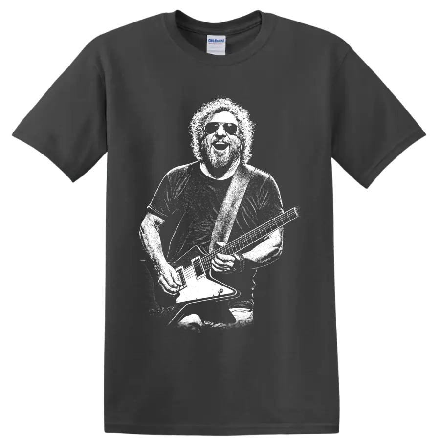 Sammy Hagar holding a guitar in a high-contrast pixelated portrait graphic T-shirt design on a Charcoal T Shirt