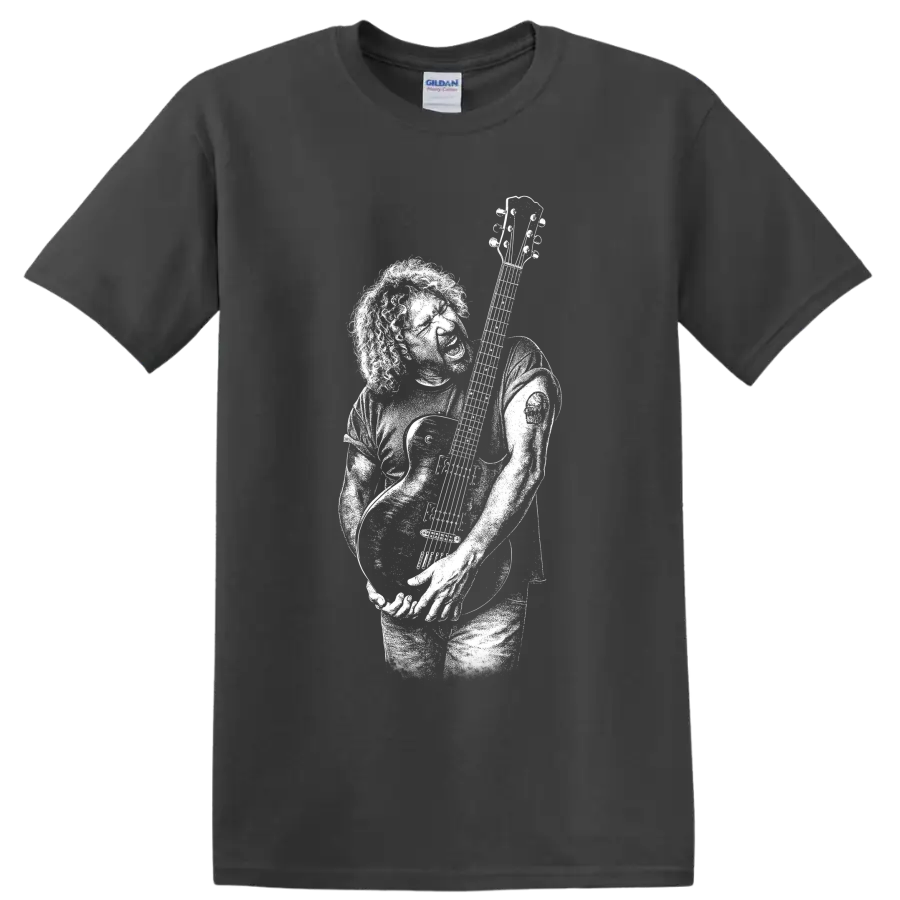 Jerry Garcia guitarist portrait graphic print T shirt design on a Charcoal T Shirt