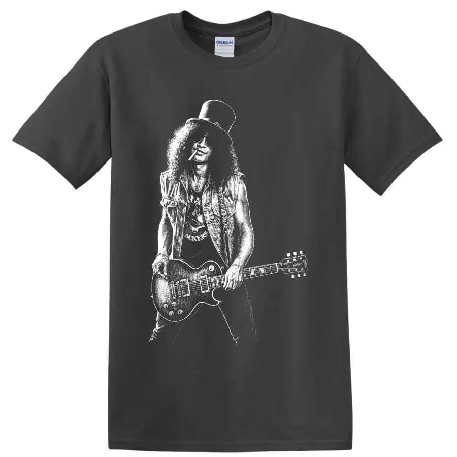 White Slash guitarist portrait with top hat, sunglasses, and guitar graphic on a T shirt on a Charcoal T Shirt