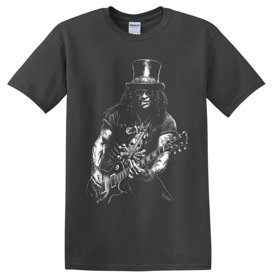 Black-and-white Slash guitarist portrait graphic with top hat and sunglasses on a Charcoal T Shirt