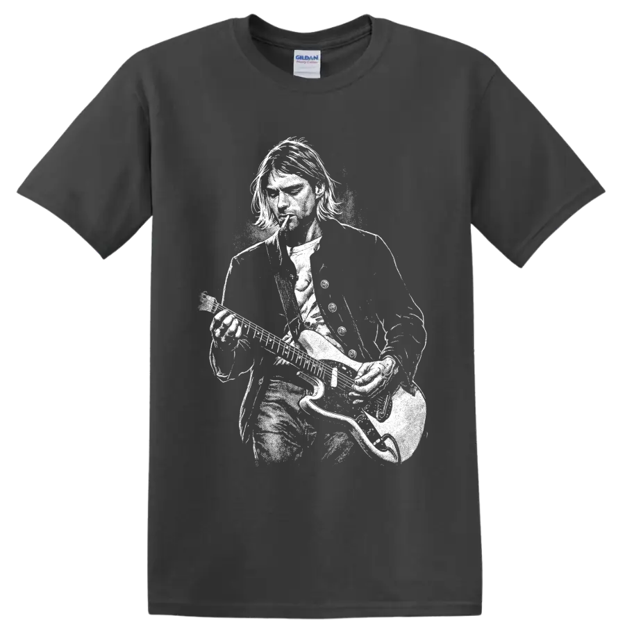 Kurt Cobain holding a guitar in a high-contrast black-and-white portrait graphic T shirt design on a Charcoal T Shirt