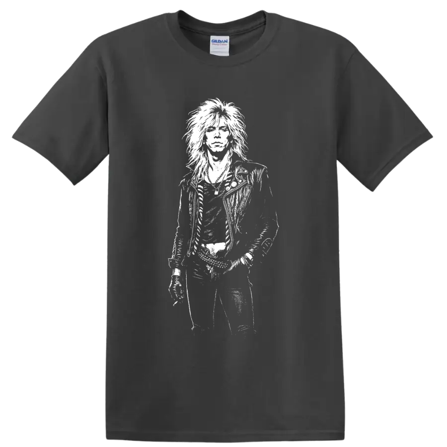 Monochrome Duff McKagan portrait holding a bass guitar on a graphic T shirt on a Charcoal T Shirt