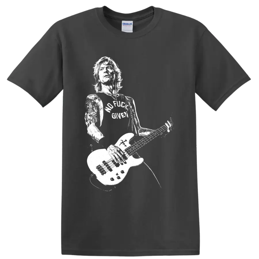 Duff McKagan-style bassist silhouette playing electric bass on a graphic T-shirt design on a Charcoal T Shirt