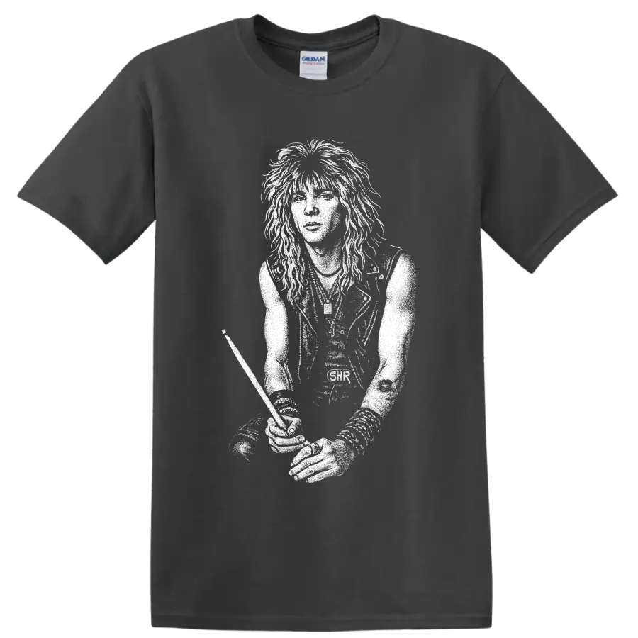 Black-and-white graphic portrait of Duff McKagan with long hair in a bold rock illustration style on a Charcoal T Shirt