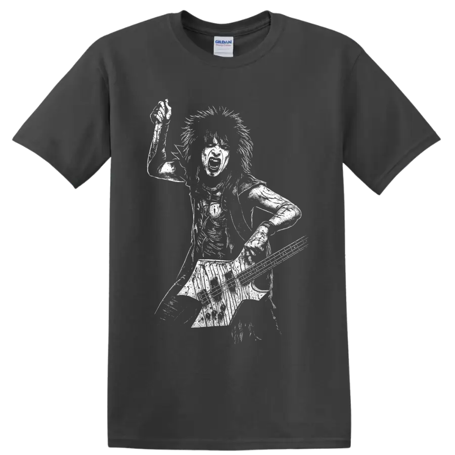 White graphic silhouette of Nikki Sixx playing bass guitar on a rock musician T shirt on a Charcoal T Shirt